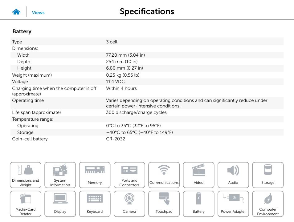 Battery, Specifications | Dell Inspiron 13 7000 Series 2-in-1(7348, Early 2015) User Manual | Page 22 / 24
