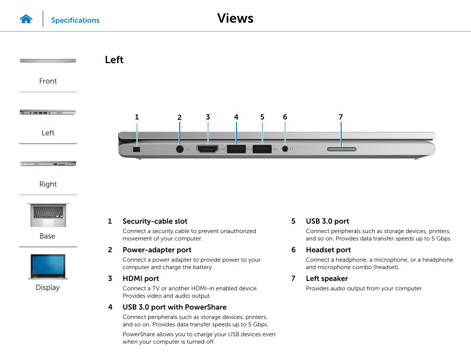Left, Views | Dell Inspiron 13 7000 Series 2-in-1(7348, Early 2015) User Manual | Page 3 / 24