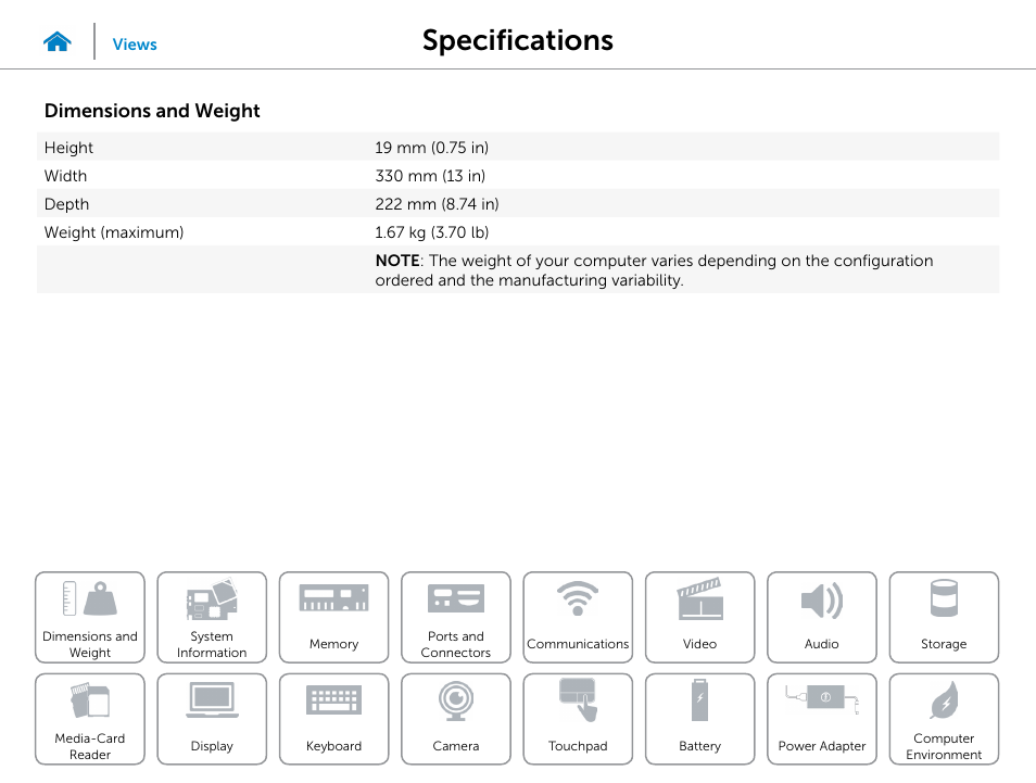 Specifications, Dimensions and weight | Dell Inspiron 13 7000 Series 2-in-1(7348, Early 2015) User Manual | Page 8 / 24