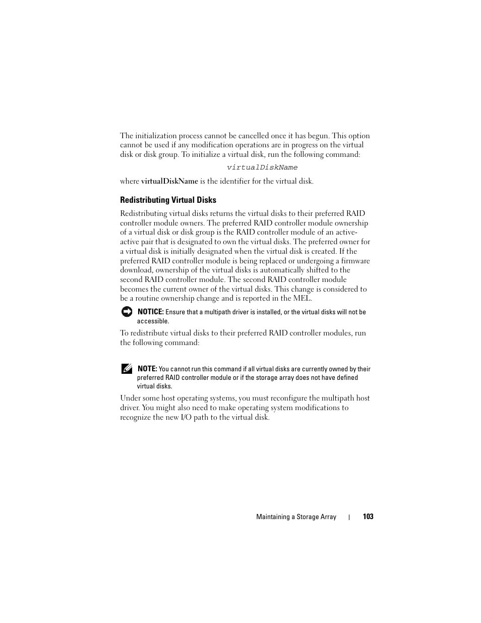 Redistributing virtual disks | Dell PowerVault MD3000 User Manual | Page 103 / 236