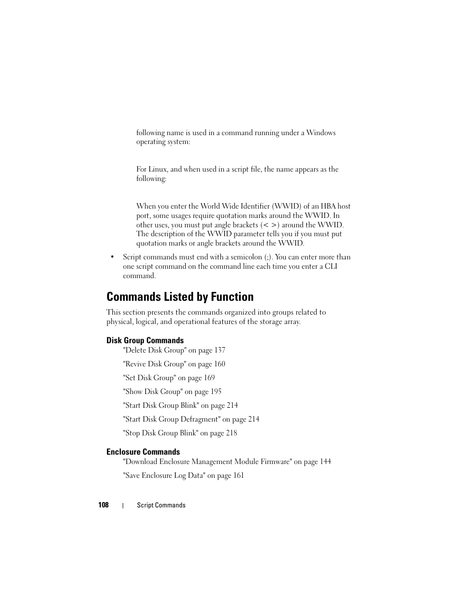 Commands listed by function, Disk group commands, Enclosure commands | Dell PowerVault MD3000 User Manual | Page 108 / 236