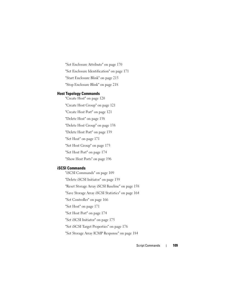 Host topology commands, Iscsi commands | Dell PowerVault MD3000 User Manual | Page 109 / 236