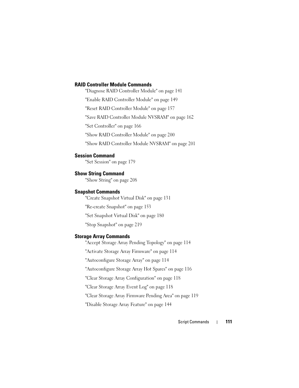 Raid controller module commands, Session command, Show string command | Snapshot commands, Storage array commands | Dell PowerVault MD3000 User Manual | Page 111 / 236