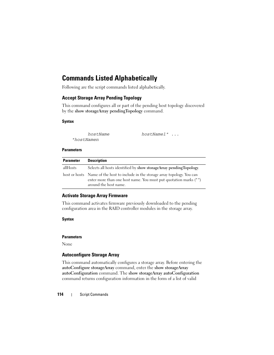 Commands listed alphabetically, Accept storage array pending topology, Activate storage array firmware | Autoconfigure storage array | Dell PowerVault MD3000 User Manual | Page 114 / 236