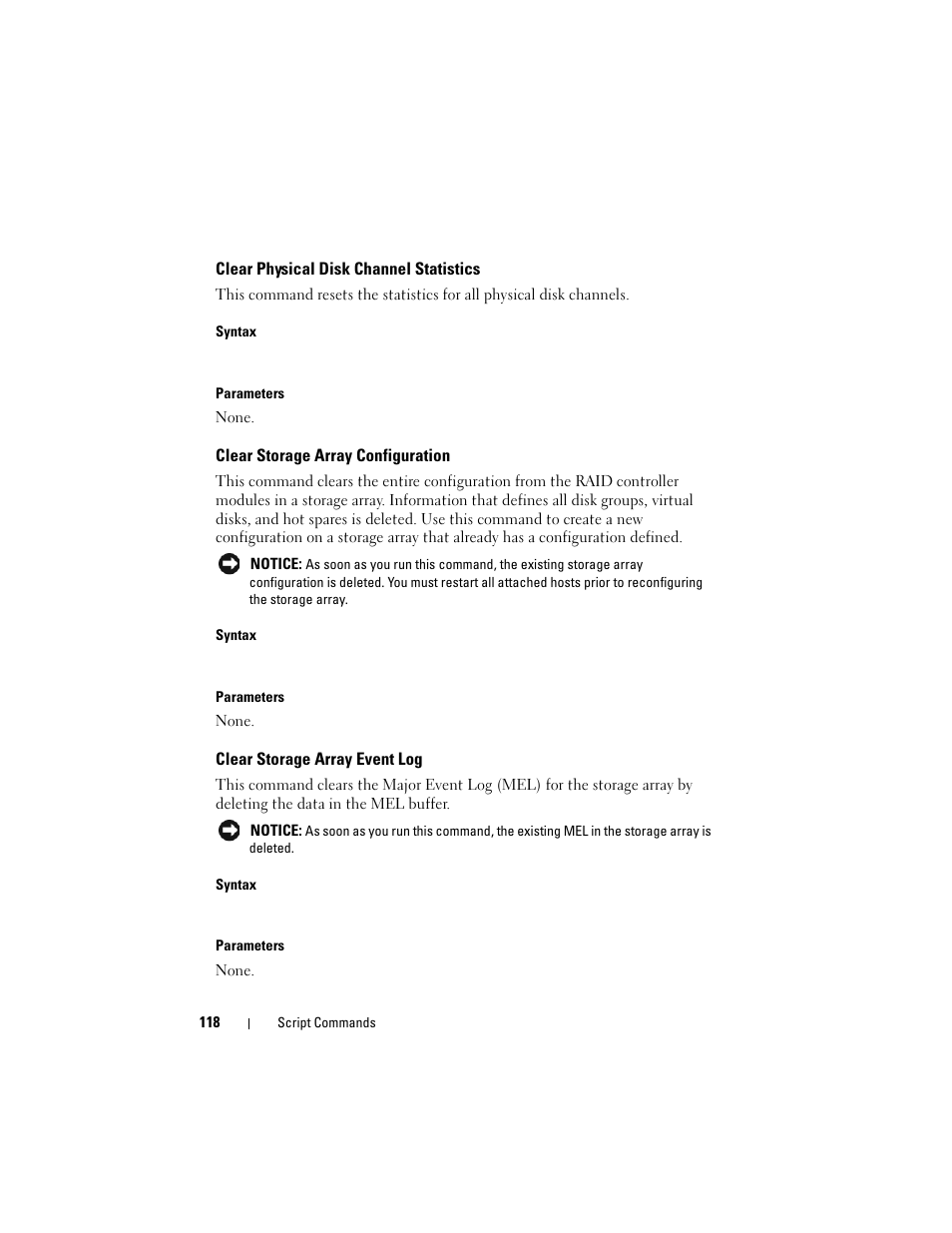 Clear physical disk channel statistics, Clear storage array configuration, Clear storage array event log | Dell PowerVault MD3000 User Manual | Page 118 / 236