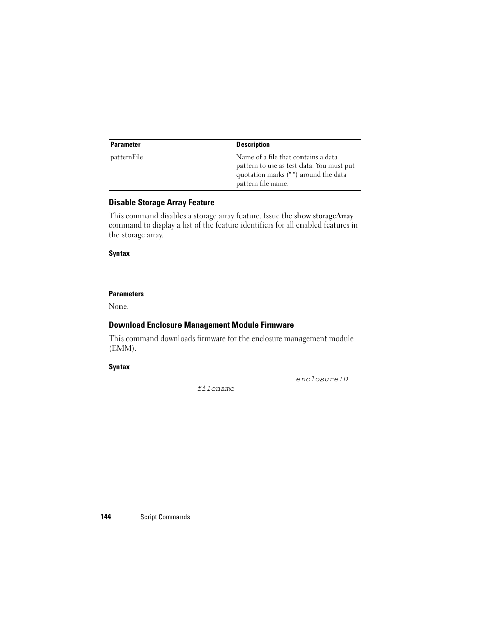 Disable storage array feature, Download enclosure management module firmware | Dell PowerVault MD3000 User Manual | Page 144 / 236