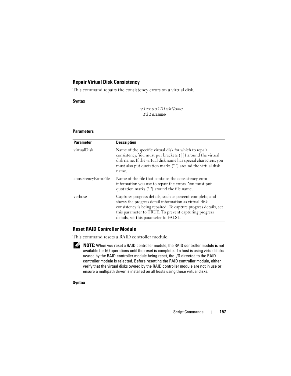 Repair virtual disk consistency, Reset raid controller module | Dell PowerVault MD3000 User Manual | Page 157 / 236
