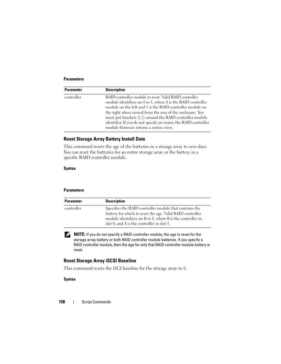 Reset storage array battery install date, Reset storage array iscsi baseline | Dell PowerVault MD3000 User Manual | Page 158 / 236