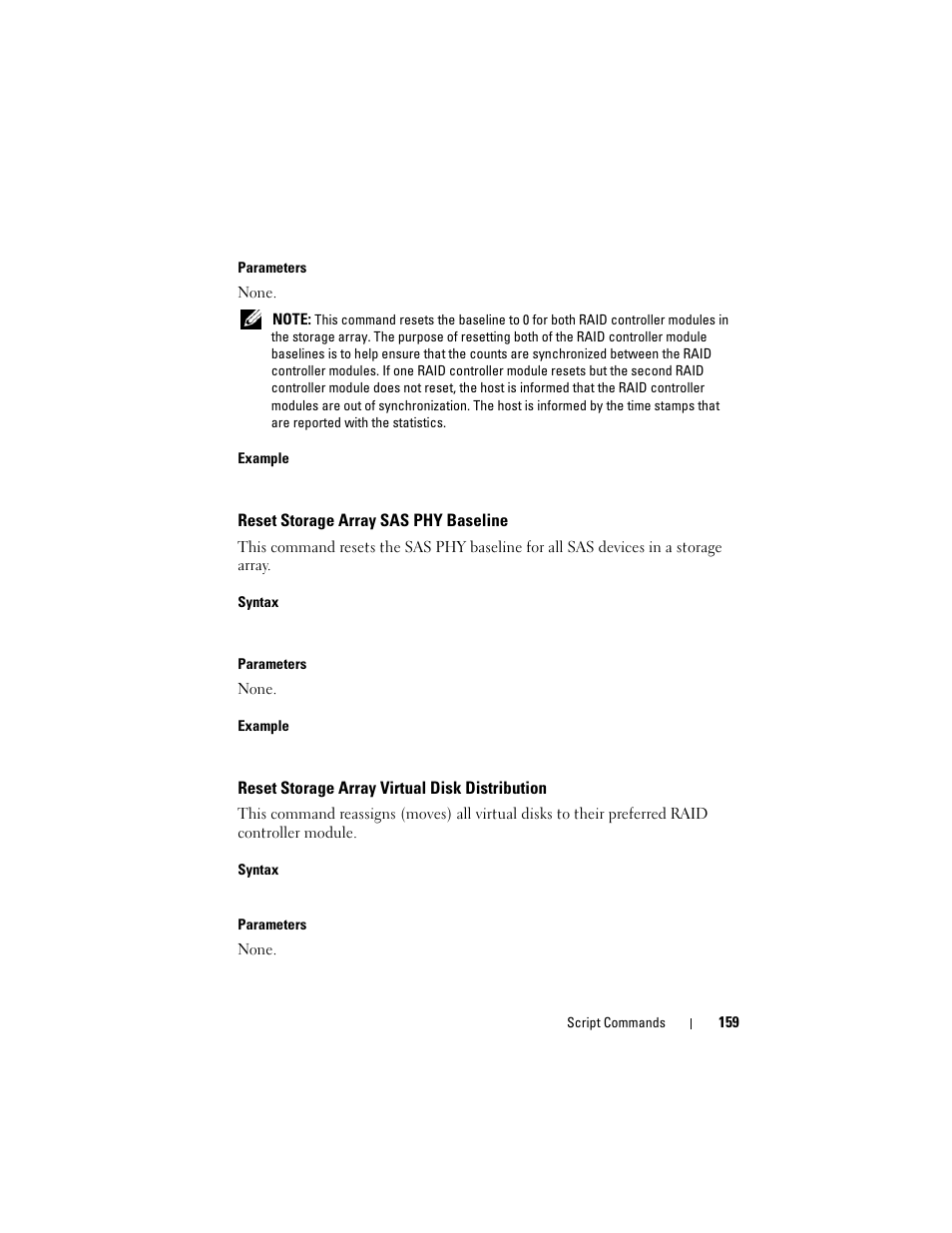 Reset storage array sas phy baseline, Reset storage array virtual disk distribution | Dell PowerVault MD3000 User Manual | Page 159 / 236