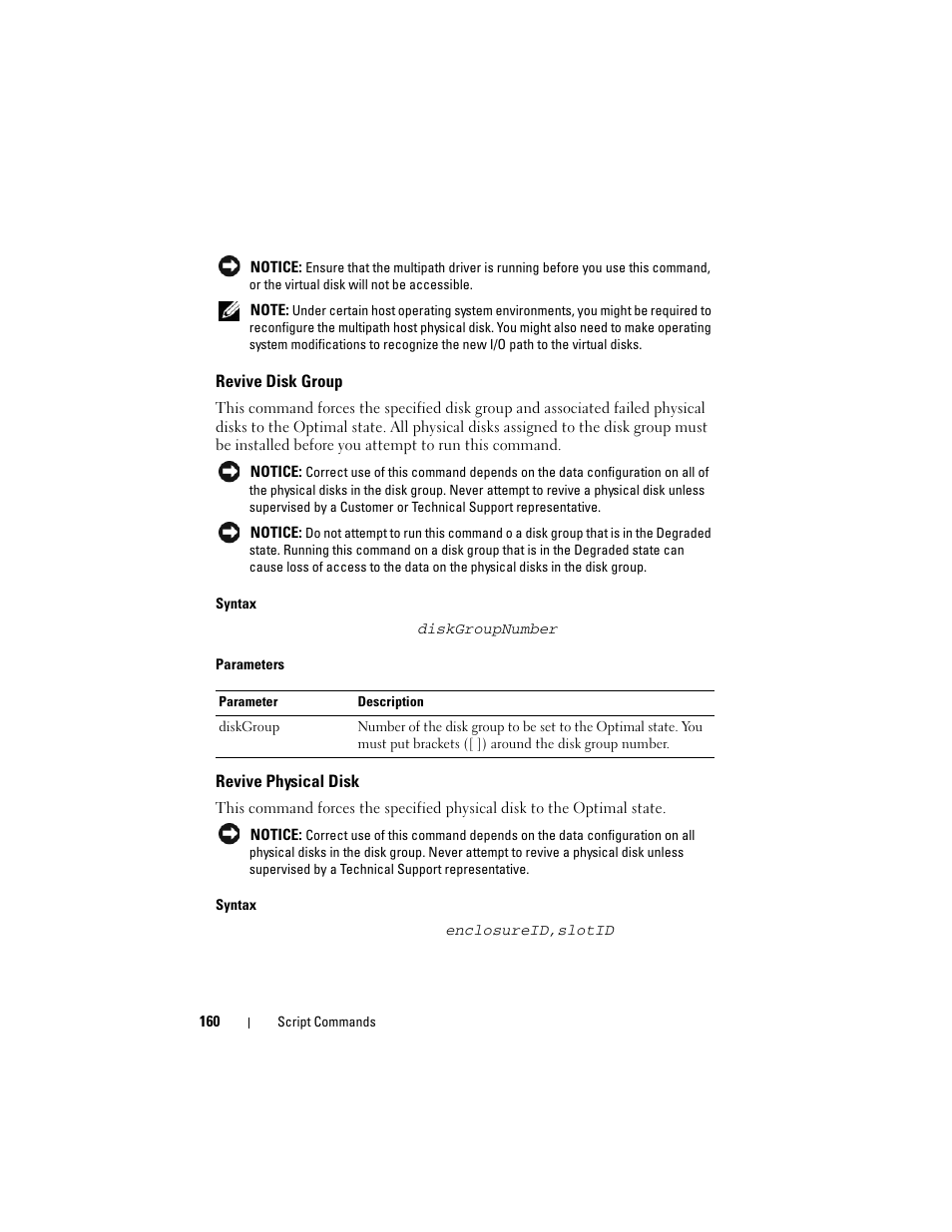 Revive disk group, Revive physical disk | Dell PowerVault MD3000 User Manual | Page 160 / 236