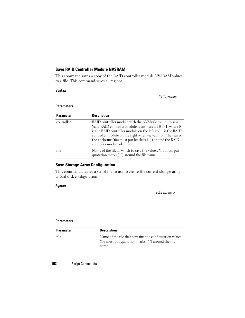 Save raid controller module nvsram, Save storage array configuration | Dell PowerVault MD3000 User Manual | Page 162 / 236