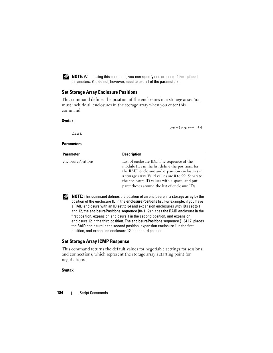 Set storage array enclosure positions, Set storage array icmp response | Dell PowerVault MD3000 User Manual | Page 184 / 236