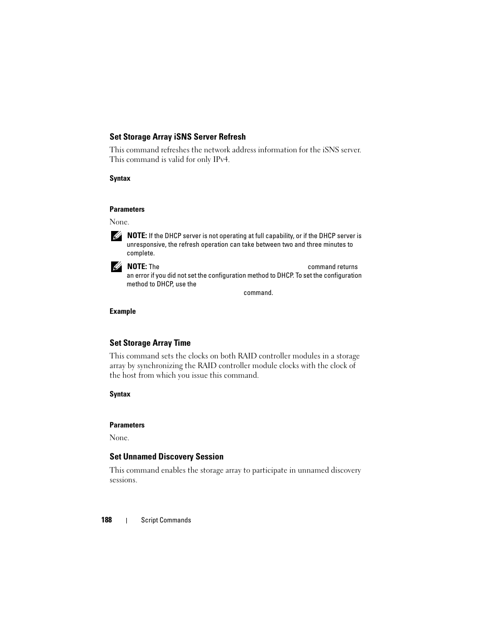 Set storage array isns server refresh, Set storage array time, Set unnamed discovery session | Dell PowerVault MD3000 User Manual | Page 188 / 236