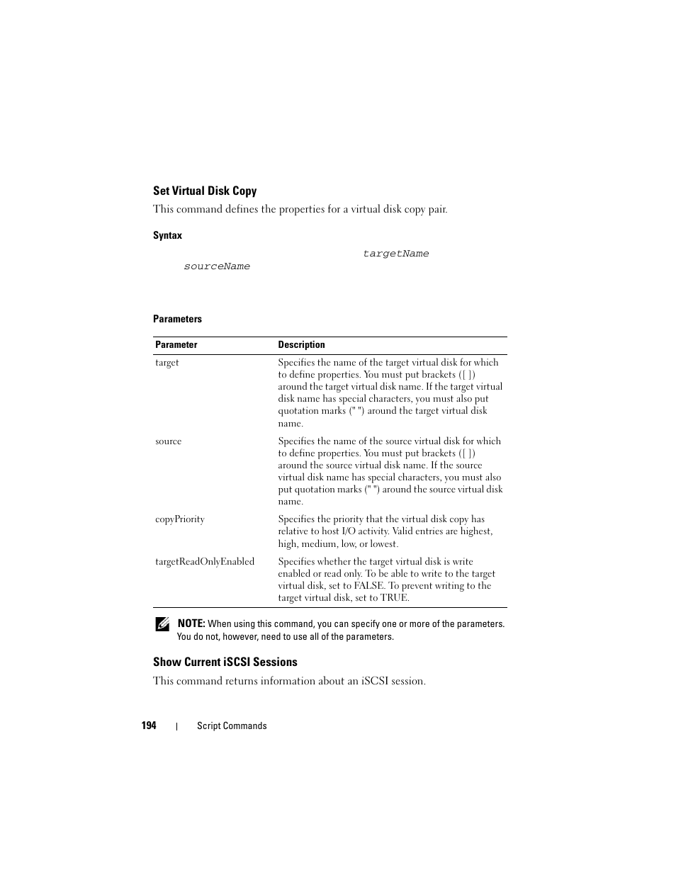 Set virtual disk copy, Show current iscsi sessions | Dell PowerVault MD3000 User Manual | Page 194 / 236