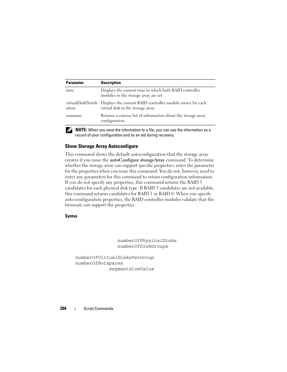 Show storage array autoconfigure | Dell PowerVault MD3000 User Manual | Page 204 / 236
