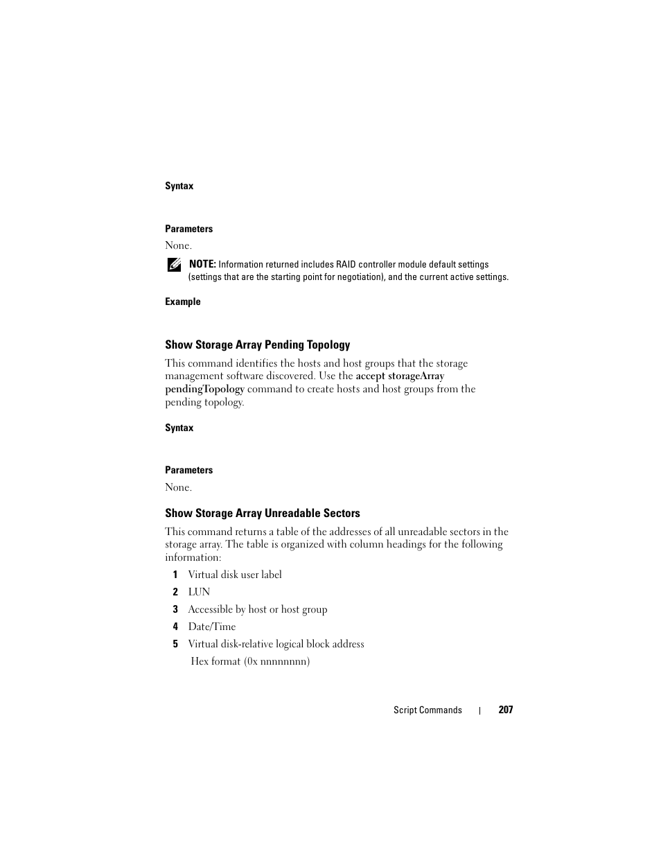 Show storage array pending topology, Show storage array unreadable sectors | Dell PowerVault MD3000 User Manual | Page 207 / 236