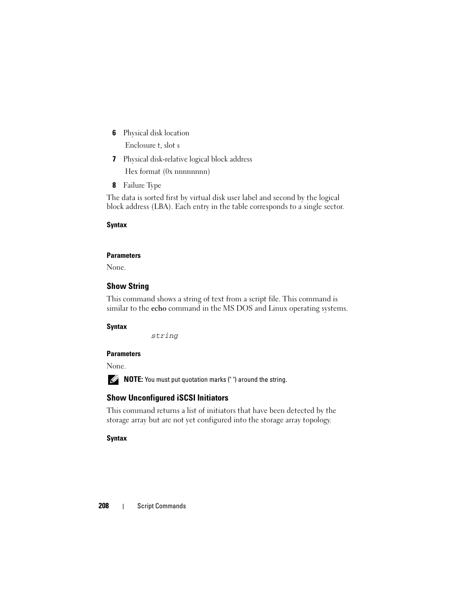 Show string, Show unconfigured iscsi initiators | Dell PowerVault MD3000 User Manual | Page 208 / 236