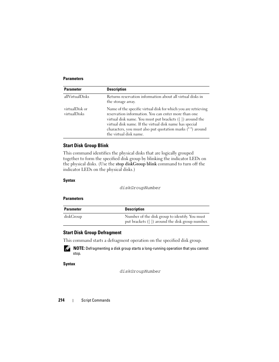 Start disk group blink, Start disk group defragment | Dell PowerVault MD3000 User Manual | Page 214 / 236