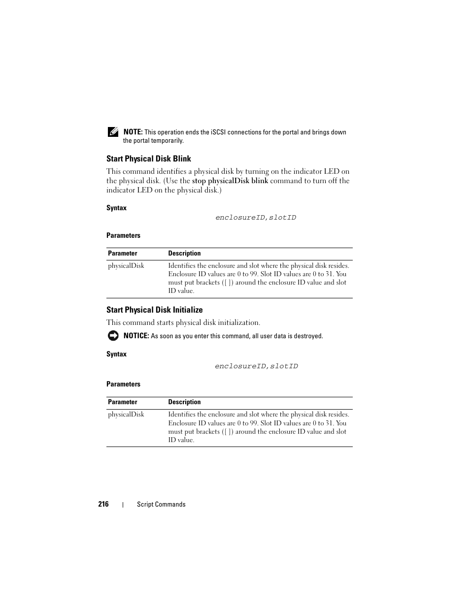 Start physical disk blink, Start physical disk initialize | Dell PowerVault MD3000 User Manual | Page 216 / 236