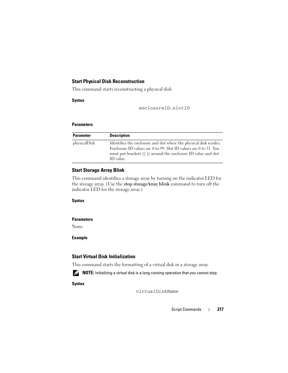 Start physical disk reconstruction, Start storage array blink, Start virtual disk initialization | Dell PowerVault MD3000 User Manual | Page 217 / 236