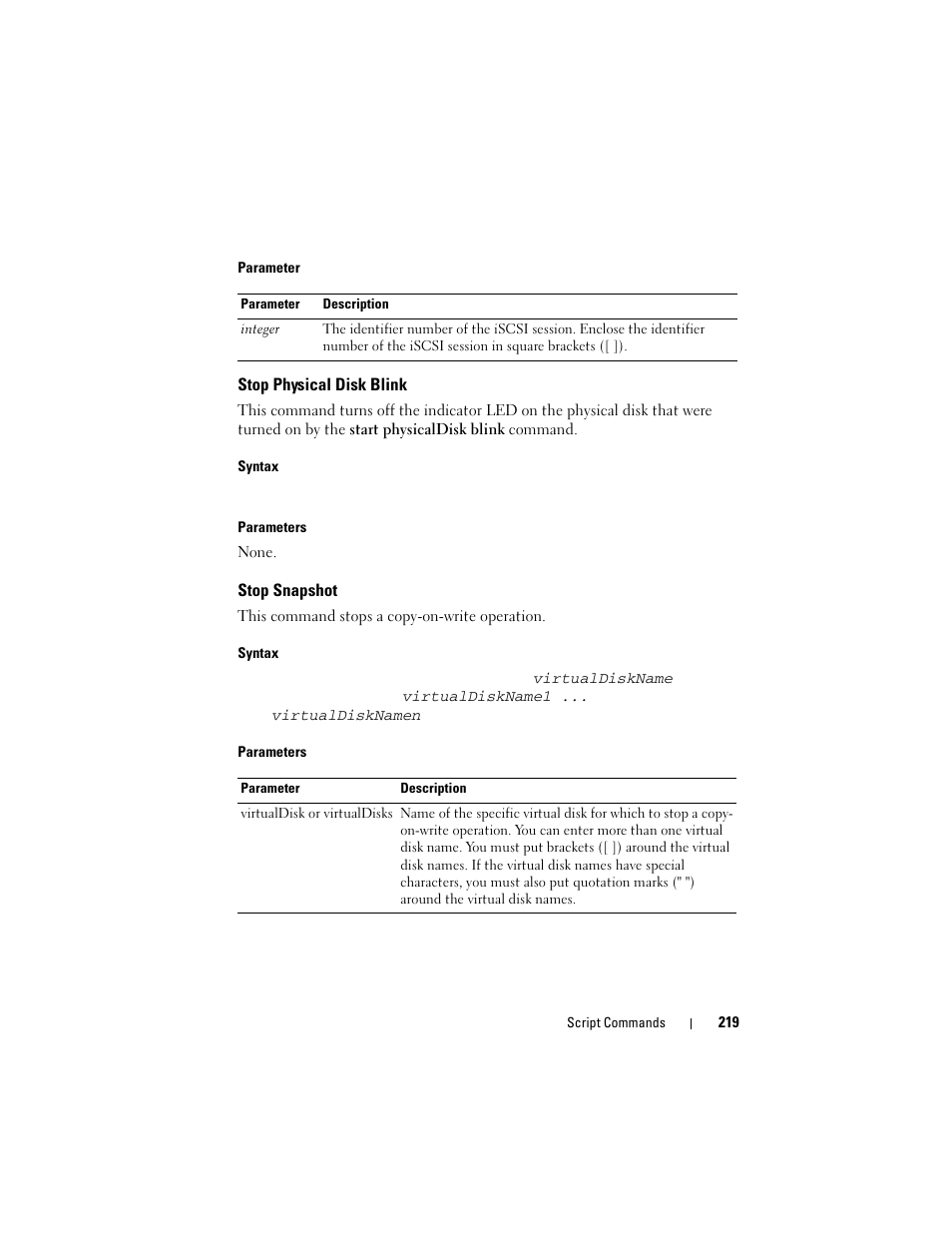 Stop physical disk blink, Stop snapshot | Dell PowerVault MD3000 User Manual | Page 219 / 236