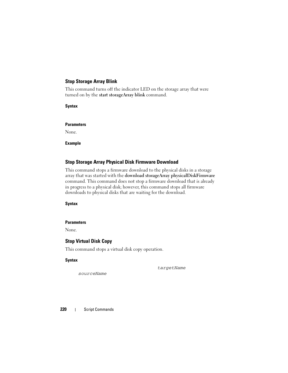Stop storage array blink, Stop storage array physical disk firmware download, Stop virtual disk copy | Dell PowerVault MD3000 User Manual | Page 220 / 236