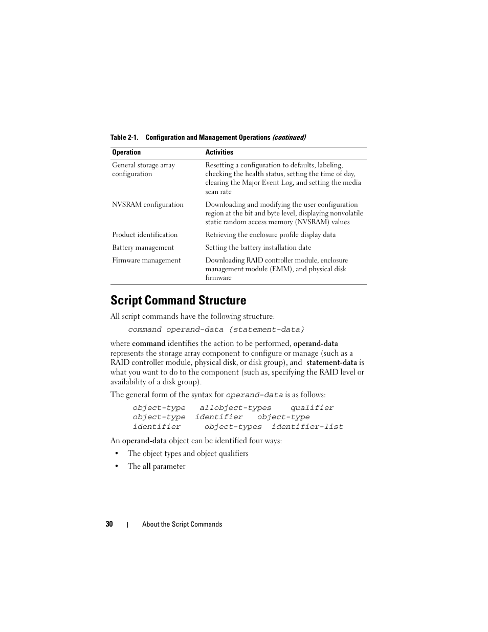 Script command structure | Dell PowerVault MD3000 User Manual | Page 30 / 236