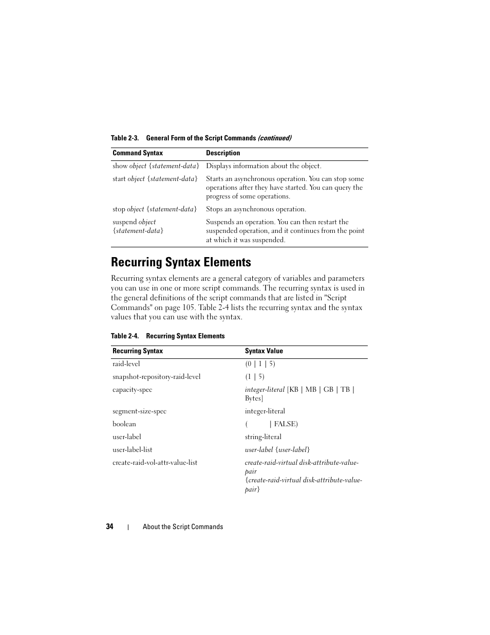 Recurring syntax elements | Dell PowerVault MD3000 User Manual | Page 34 / 236