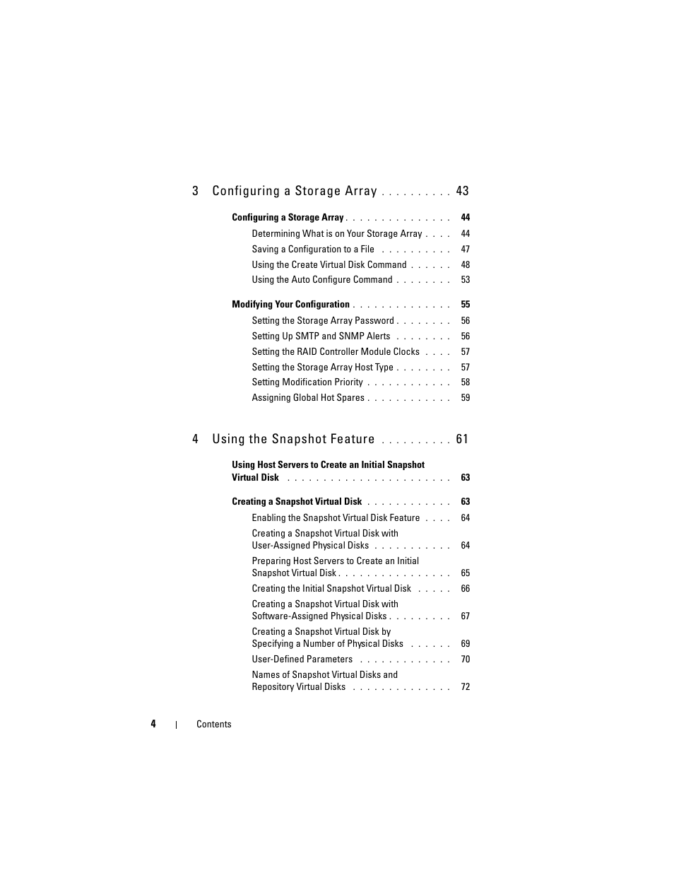 3configuring a storage array, 4using the snapshot feature | Dell PowerVault MD3000 User Manual | Page 4 / 236