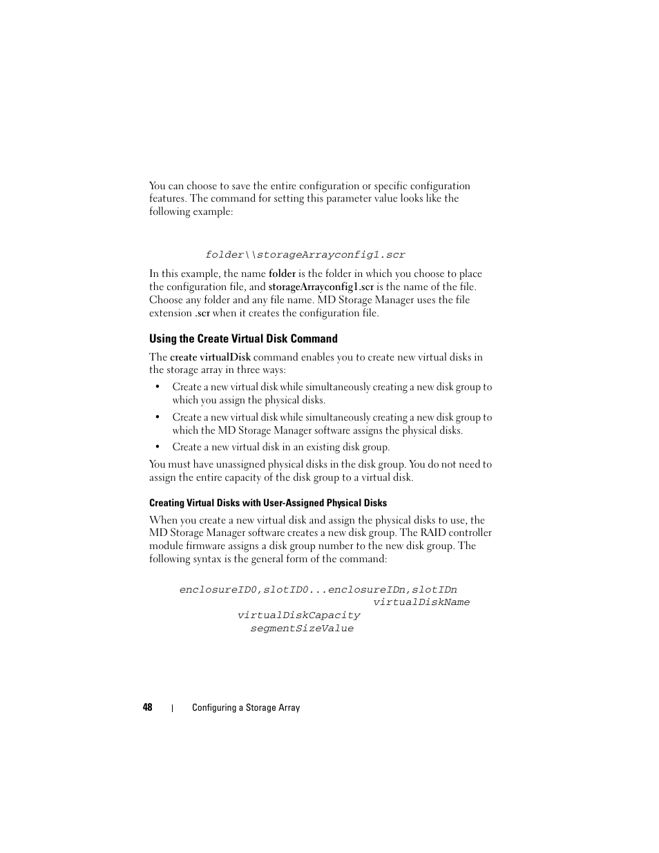 Using the create virtual disk command | Dell PowerVault MD3000 User Manual | Page 48 / 236