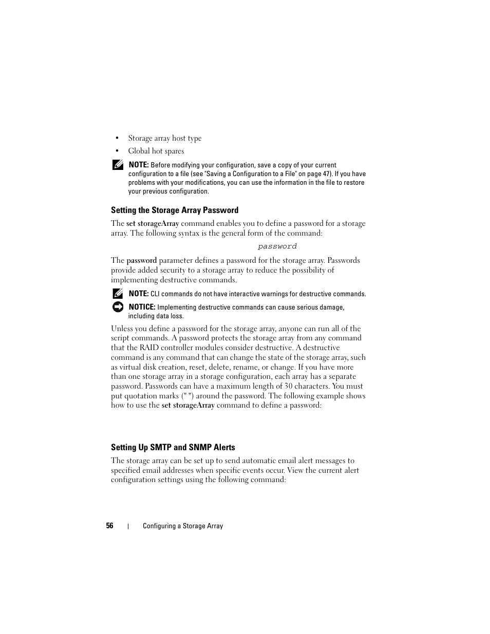 Setting the storage array password, Setting up smtp and snmp alerts | Dell PowerVault MD3000 User Manual | Page 56 / 236