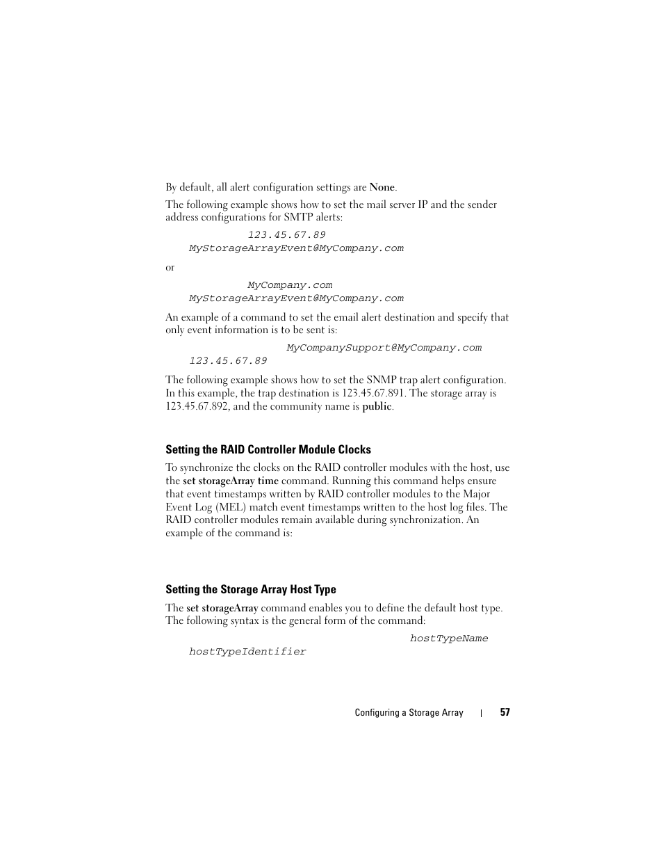 Setting the raid controller module clocks, Setting the storage array host type | Dell PowerVault MD3000 User Manual | Page 57 / 236
