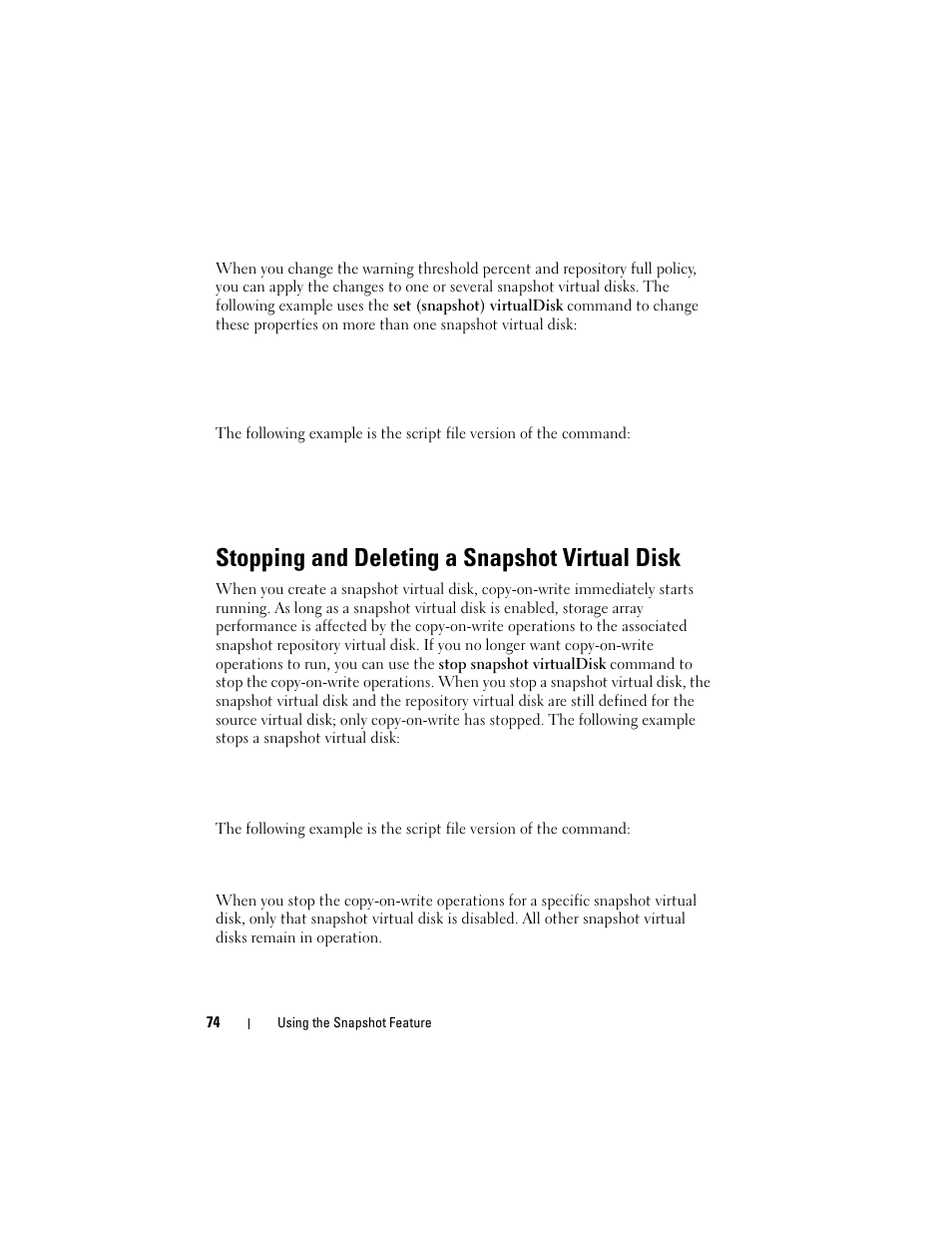 Stopping and deleting a snapshot virtual disk | Dell PowerVault MD3000 User Manual | Page 74 / 236