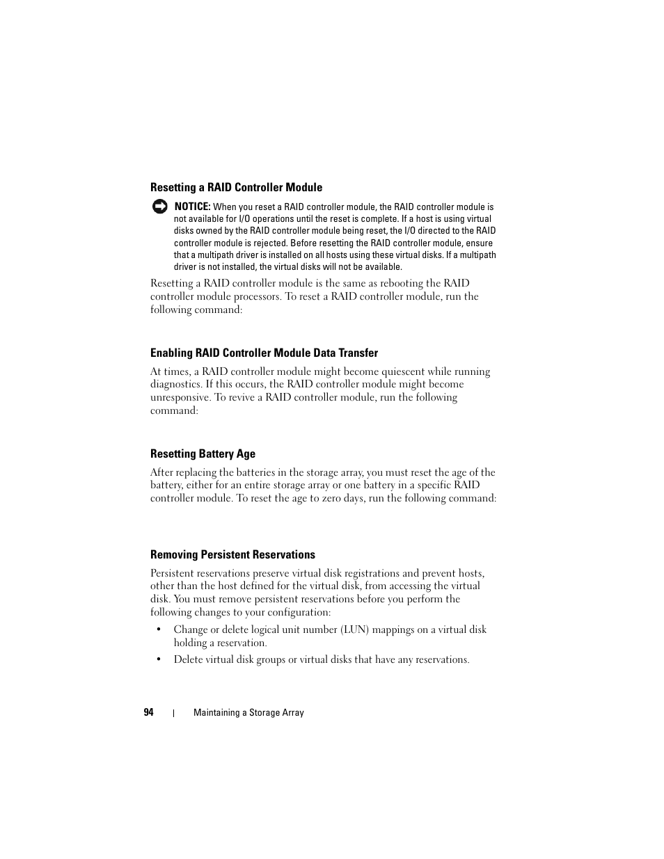 Resetting a raid controller module, Enabling raid controller module data transfer, Resetting battery age | Removing persistent reservations | Dell PowerVault MD3000 User Manual | Page 94 / 236