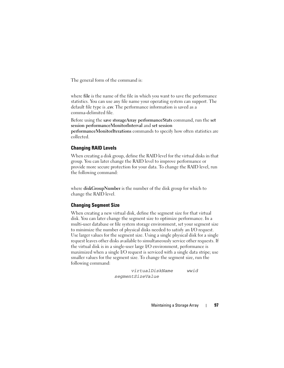 Changing raid levels, Changing segment size | Dell PowerVault MD3000 User Manual | Page 97 / 236