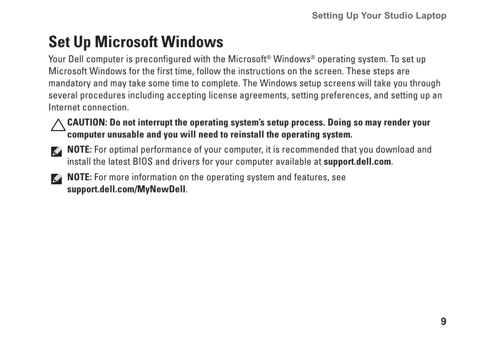 Set up microsoft windows | Dell Studio 1557 (Late 2009) User Manual | Page 11 / 102