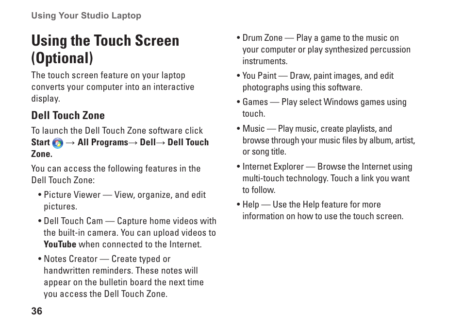 Using the touch screen (optional) | Dell Studio 1557 (Late 2009) User Manual | Page 38 / 102