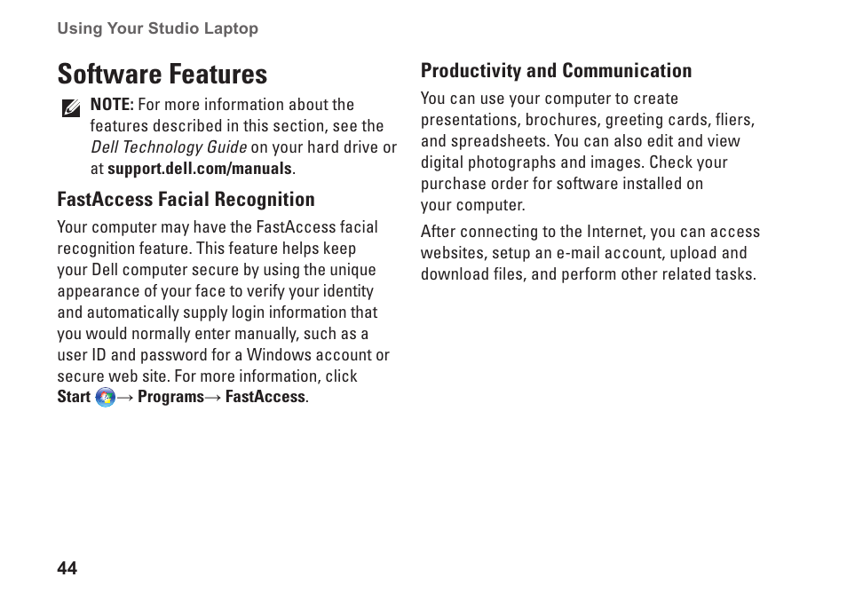 Software features | Dell Studio 1557 (Late 2009) User Manual | Page 46 / 102