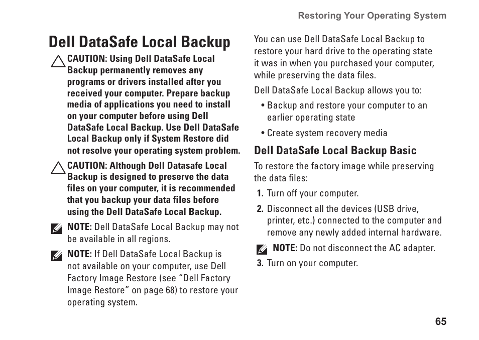 Dell datasafe local backup | Dell Studio 1557 (Late 2009) User Manual | Page 67 / 102