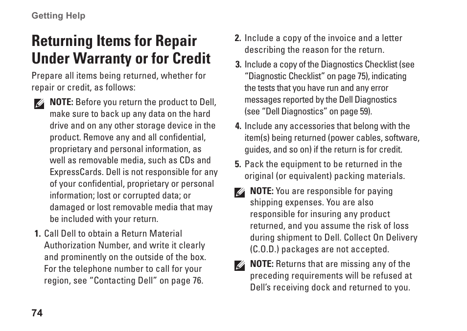 Returning items for repair under, Warranty or for credit | Dell Studio 1557 (Late 2009) User Manual | Page 76 / 102