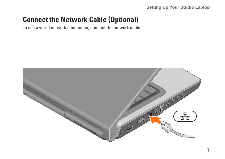 Connect the network cable (optional) | Dell Studio 1557 (Late 2009) User Manual | Page 9 / 102