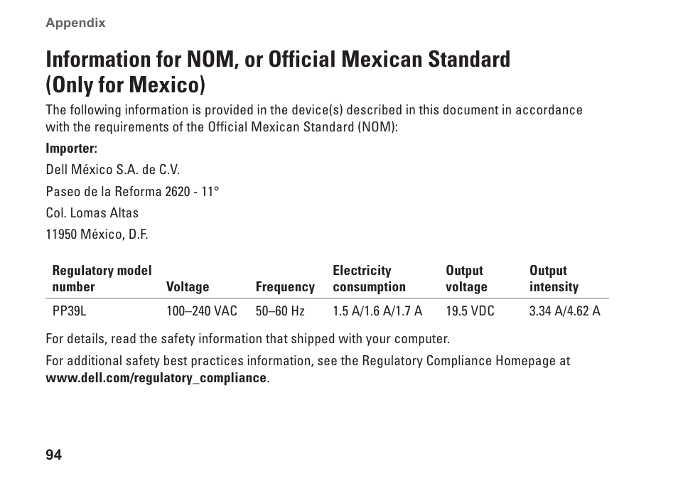 Information for nom, or official, Mexican standard (only for mexico) | Dell Studio 1557 (Late 2009) User Manual | Page 96 / 102