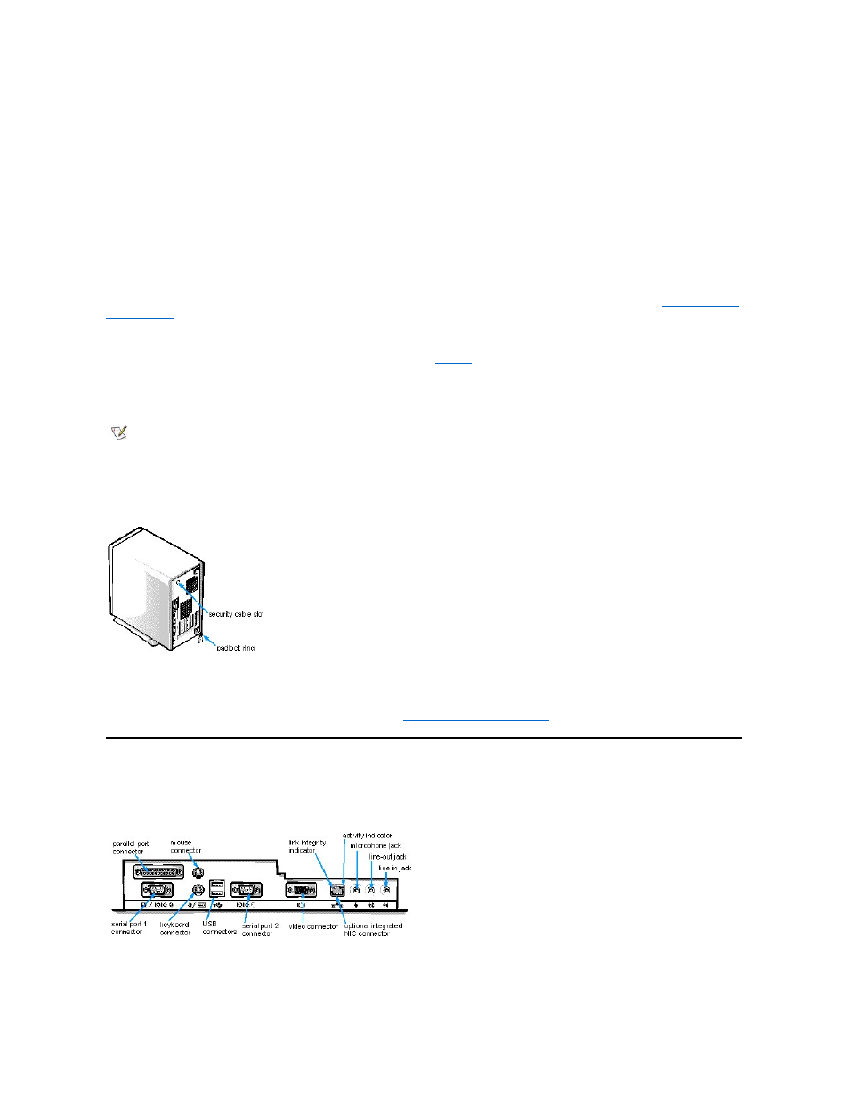 Connecting peripheral devices, Temperature monitoring, Security features | Dell OptiPlex GX1p User Manual | Page 25 / 70