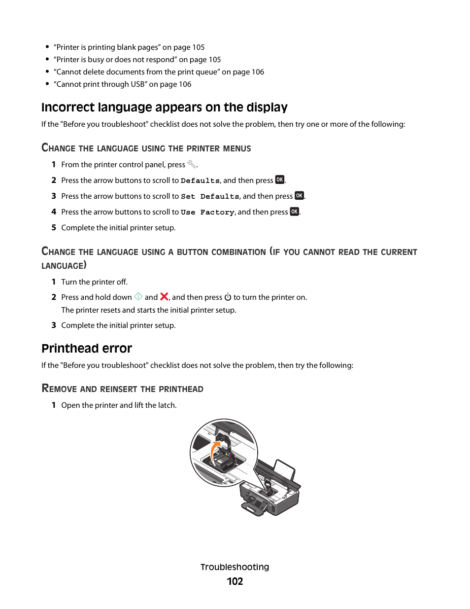 Incorrect language appears on the display, Printhead error | Dell V515w All In One Wireless Inkjet Printer User Manual | Page 102 / 141