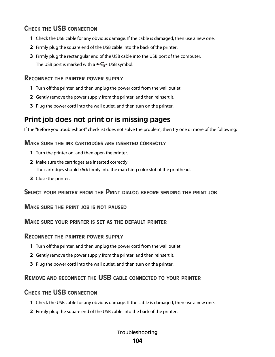 Print job does not print or is missing pages | Dell V515w All In One Wireless Inkjet Printer User Manual | Page 104 / 141