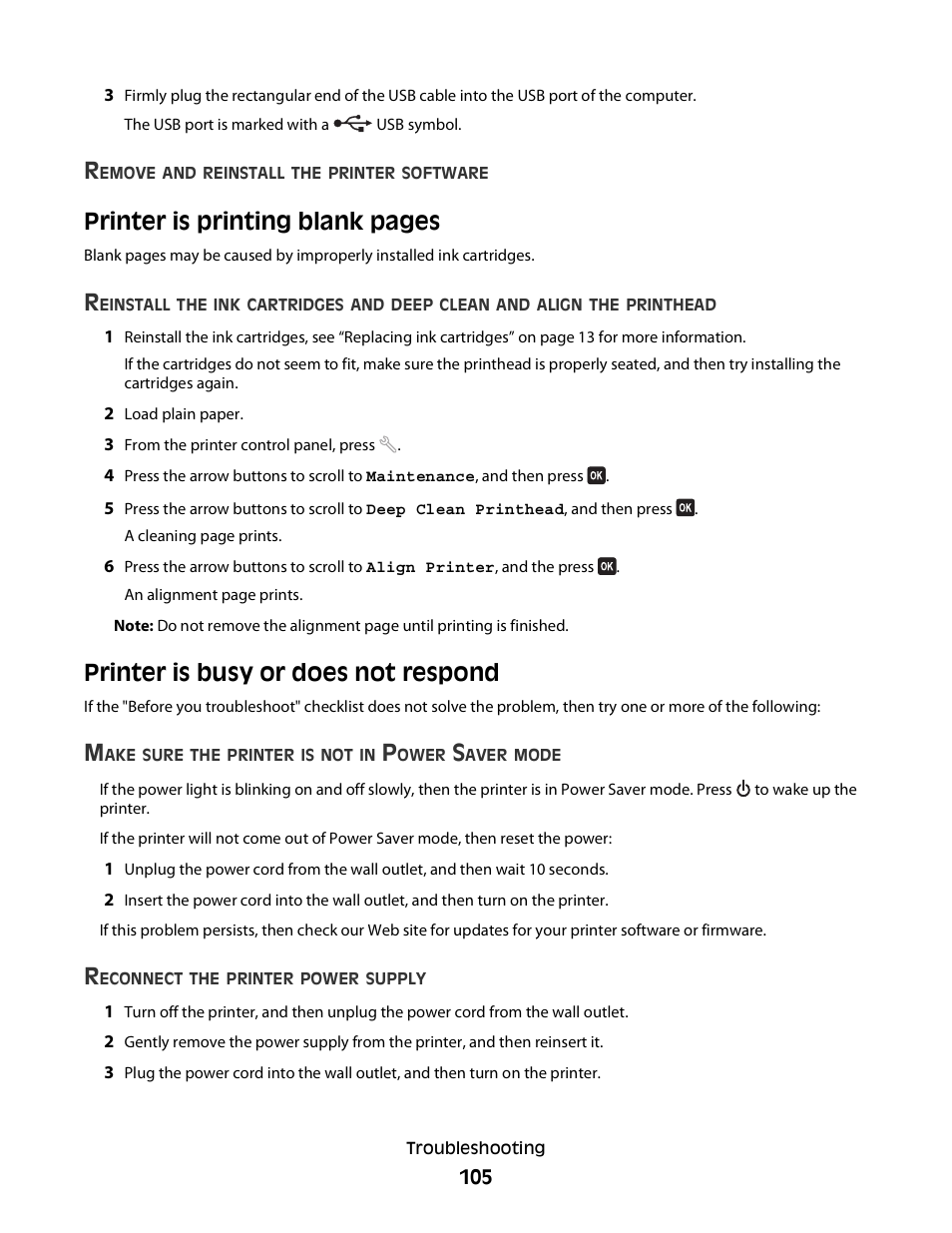 Printer is busy or does not respond, Printer is printing blank pages | Dell V515w All In One Wireless Inkjet Printer User Manual | Page 105 / 141