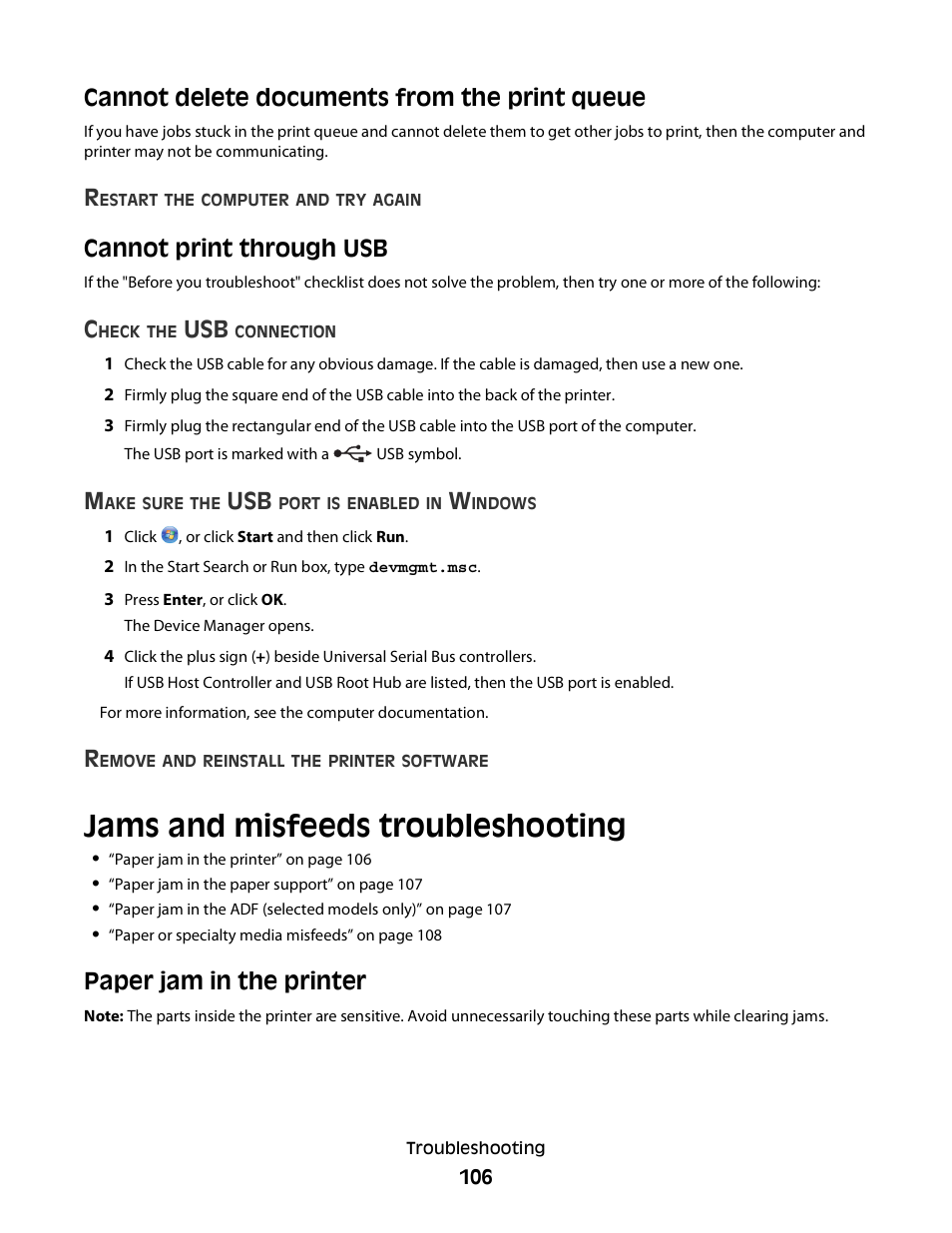 Cannot delete documents from the print queue, Cannot print through usb, Jams and misfeeds troubleshooting | Paper jam in the printer | Dell V515w All In One Wireless Inkjet Printer User Manual | Page 106 / 141