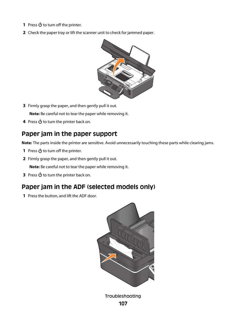 Paper jam in the paper support, Paper jam in the adf (selected models only) | Dell V515w All In One Wireless Inkjet Printer User Manual | Page 107 / 141