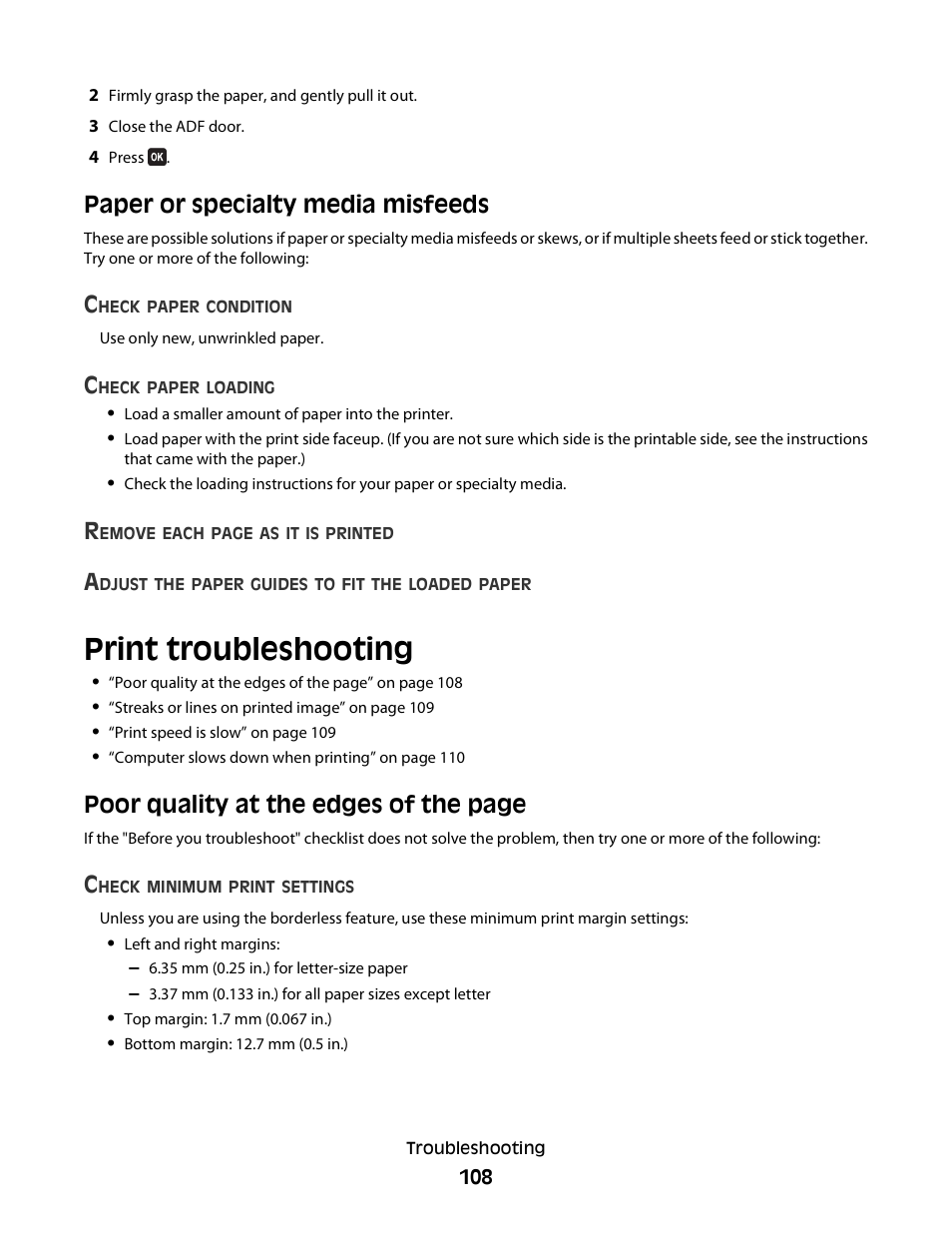 Paper or specialty media misfeeds, Print troubleshooting, Poor quality at the edges of the page | Dell V515w All In One Wireless Inkjet Printer User Manual | Page 108 / 141