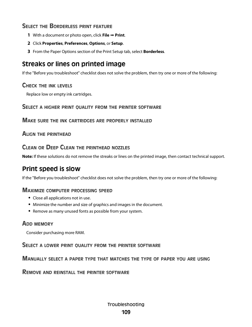 Streaks or lines on printed image, Print speed is slow | Dell V515w All In One Wireless Inkjet Printer User Manual | Page 109 / 141